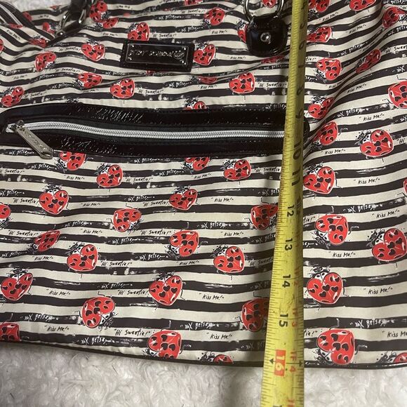 Betsey Johnson fabric Black & White red ladybugs weekender bag synthetic trim - Picture 6 of 13